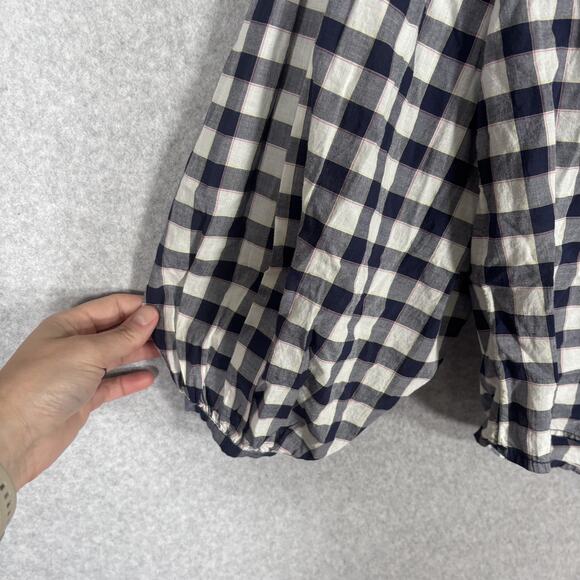 H&M Top 12 Navy‎ White Gingham Embroidered Puff Boho Cottage Maximalist Peasant - Picture 4 of 12